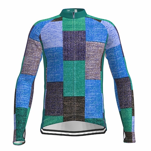 Herren Radtrikot Grafik Farbblock Kariert Langarm Fahhrad Trikot Oberteil mit 3 Gesäßtaschen Mountainbike MTB Straßenradsport Schnelltrocknend Reflektierende Streifen Rückentasche Image