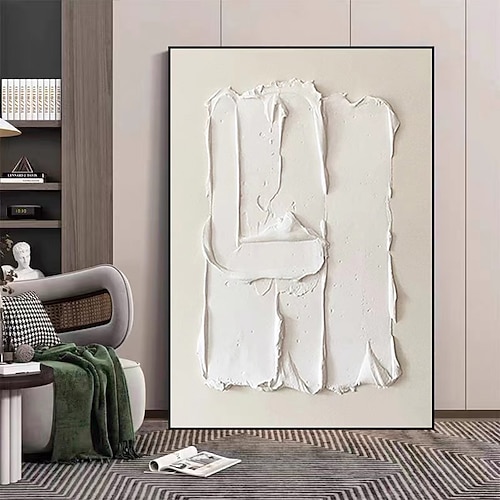 Schweres, strukturiertes, dickes 3D-Ölgemälde auf Leinwand, abstraktes beige-weißes Acryl, Wandkunst, handgemaltes, gerahmtes Kunstwerk, gespannter Rahmen, fertig zum Aufhängen Image