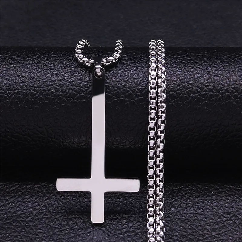 Hexerei Pagan Edelstahl Upside Down Kreuz Halskette Frauen/Männer Invertierte Kreuz Halskette Schmuck collier N8373S02 Image