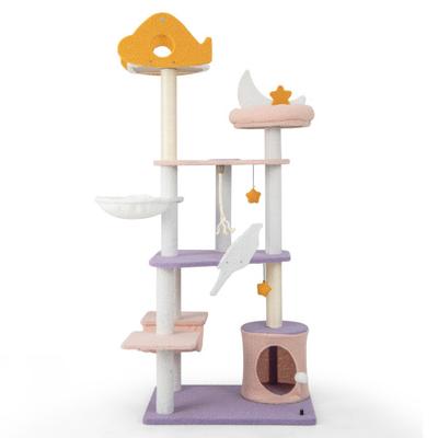 Costway 66 Inch Cute Cat Tree Cats Multi-level Tall Cat Tower with Sisal Covered Scratching Posts-Purple