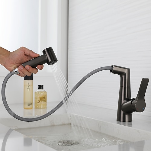Waschbecken Wasserhahn mit herausziehbarer Brause, Messing hebbar 3-Modi galvanisiert / lackierte Oberflächen Centerset Einhand-Einloch-Waschbecken-Drehauslauf für Kalt- und Warmwasser-Badarmaturen Image