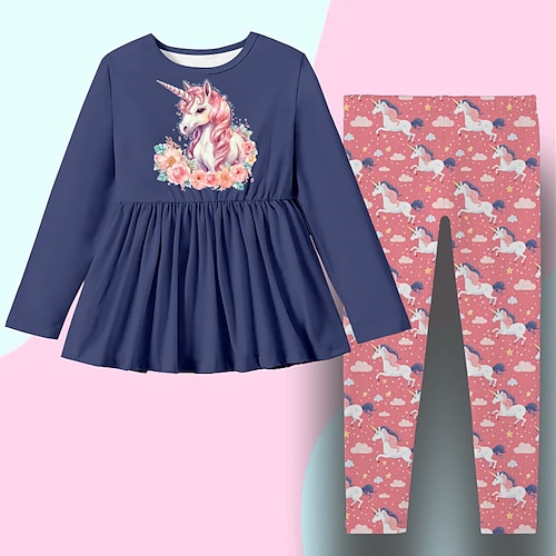 Mädchen 3D Graphic Galaxis Einhorn T-Shirt Hose Kleider-Set Kleidungsset Langarm 3D-Druck Frühling Herbst Winter Aktiv Modisch Täglich kinderkleidung 3-12 Jahre Outdoor Urlaub Verabredung Regular Image
