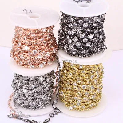 3 Meters ZYZ177-8891 Clear White Zircon Faceted Round Beads Chains, Rosary Chain CZ Wire Wrapped
