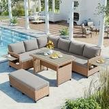 TOMAX 5-Piece Outdoor Patio Rattan Sofa Set Sectional PE Wicker L-Shaped Garden Furniture Set with 2 Extendable Side Tables Dining Table and Washable Covers for Backyard Poolside Indoor Brown