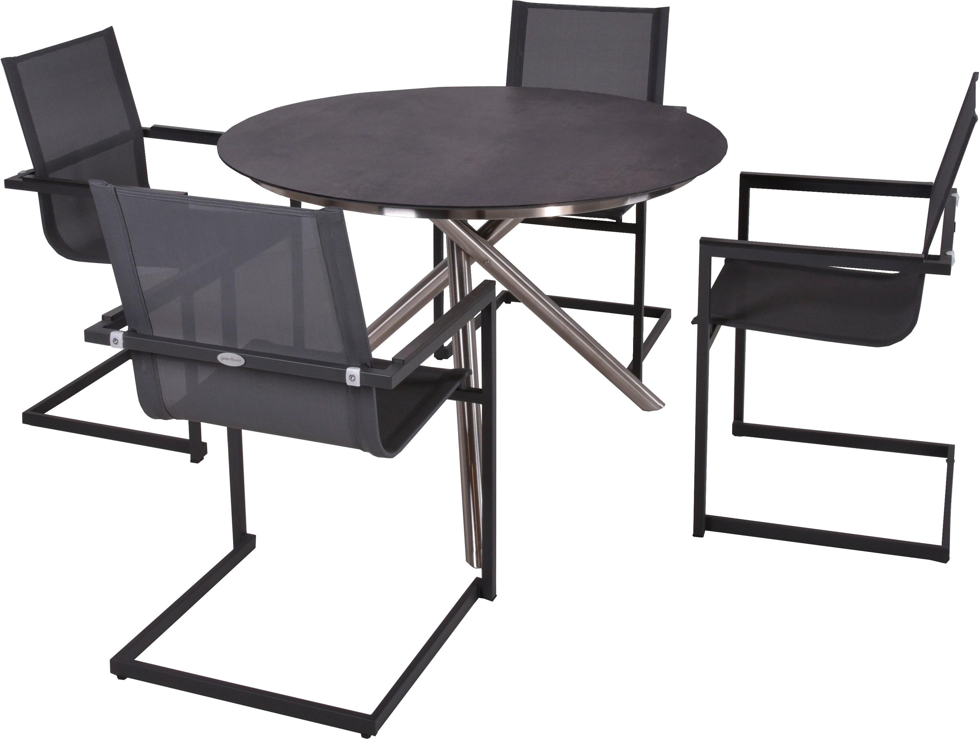 Garten-Essgruppe GARDEN PLEASURE "Tischgruppe »SOPHIA«", grau (pfefferschwarz (industrial),), Edelstahl, Kunststoff, Sitzmöbel-Sets, 4 Stühle (freischwinger), Tisch Ø110 cm Image