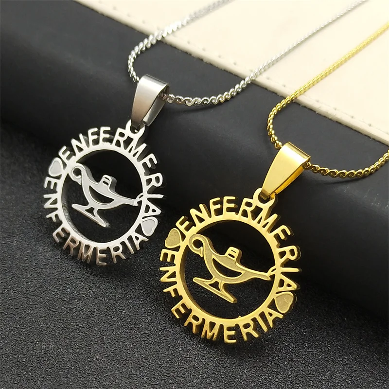 Karriere Enfermeria Kette Halskette für Frauen/Männer Gold Silber Farbe Edelstahl Herz Brief Anhänger Halsketten Schmuck 8213-qkc Image