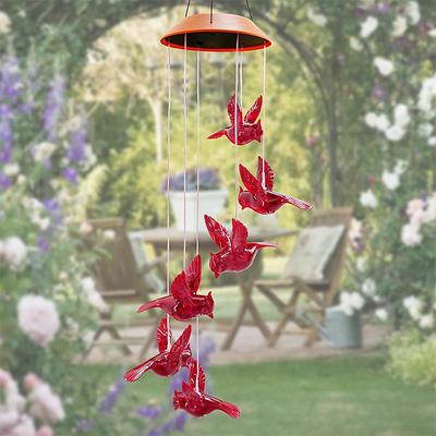 Solar Cardinal Red Bird Wind Chime LED Lights Spinners Spiral String Hanging Outdoor Garden Home Wall Decorations Red