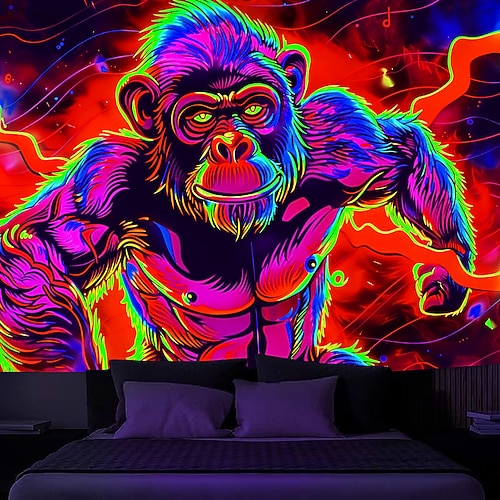 Schwarzlicht-Wandteppich, UV-reaktiv, im Dunkeln leuchtend, Glow Party, Neon-Schimpansen, psychedelisch, trippig, neblig, Wandteppich zum Aufhängen, Wandkunst, Wandbild fürs Wohnzimmer Image