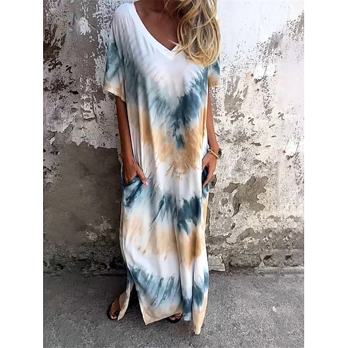 Damen kleid lang Casual kleid Sweatkleid Sommerkleid Stilvoll Brautkleider schlicht Urlaub Täglich Regular Fit Batik Kurzarm V Ausschnitt Rosa Blau Orange Grün Sommer Image