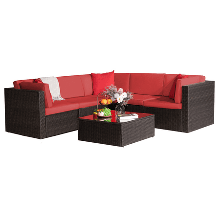 Lacoo 6 Pieces Outdoor Indoor Furniture Patio Sectional Sofa Sets All Weather PE Rattan Manual Wicker Conversation Set with Washable Cushions and Glass Table Red