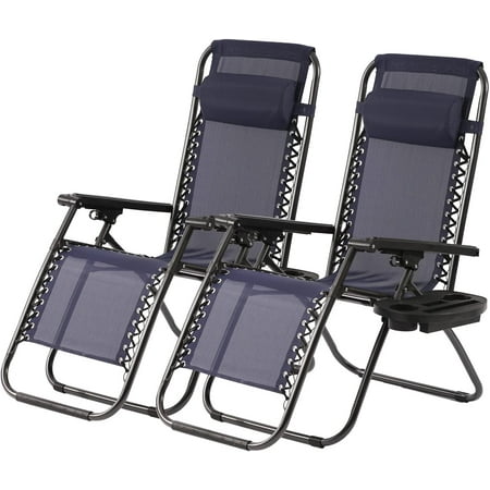 YRLLENSDAN Zero Gravity Chairs Set of 2 Patio Chairs Lawn Chairs with Removable Pillow and Cup Holder Outdoor Lounge Chairs Set of 2 Reclining Beach Chair for Lawn Patio Balcony Blue