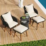 5 Pieces Patio Wicker Conversation Set 2 Armchair with Ottomans Pop-Up Cool Bar Table All-Weather Outdoor Furniture Bistro Sets for Porch Backyard Balcony Poolside Black & Beige