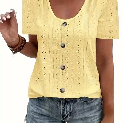 TEMU Round Neck Casual Loose Short-sleeve T-shirt With Single Row Of Buttons And Jacquard Design.