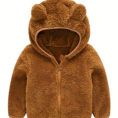 Baby Boys Hooded Plush Coat With Cute Ears, Thermal Long Sleeve Zip Up Jacket Top