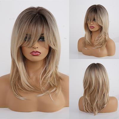 Heat Resistant Ombre Brown Shoulder Length Layered Wig With Bangs - Natural Looking Synthetic Fibre Hairpiece For Women