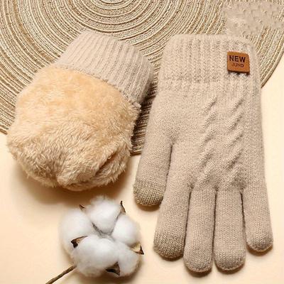 TEMU Thickened Double-layer Knitted Gloves Wholesale Plus Velvet Coldproof Warm Gloves Solid Color Touch Screen Gloves Short Elastic Gloves For Winter