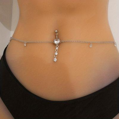 1pc Rhinestone Dangle Belly Button Ring With Waist Chain Drop Pendant Navel Piercing Stainless Steel Sexy For Women Body Chain Jewelry