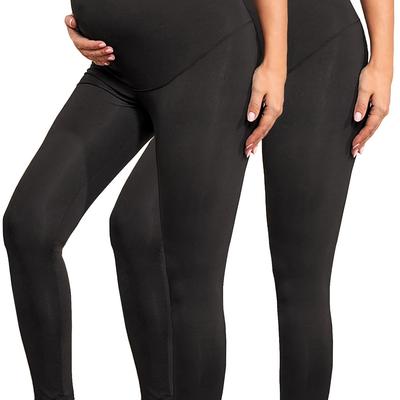 2pcs Women's Maternity Solid Leggings Slim Fit Medium Stretchy Yoga Sports Pants For Pregnant Women