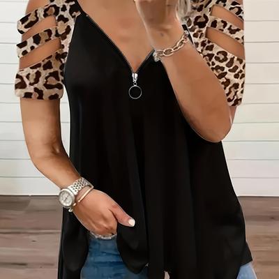 TEMU Plus Size Casual T-shirt, Women's Plus Leopard Print Zipper Front Cut Out Sleeve Medium Stretch T-shirt