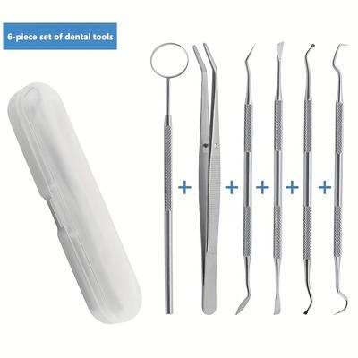 3/4/5/6pcs Dental Hygiene Kit, Portable Dental Tools, Teeth Cleaning Kit, Stainless Steel Remover Set, Oral Care Includes Tongue Scraper, Mirror, Probe With Case For Family Set