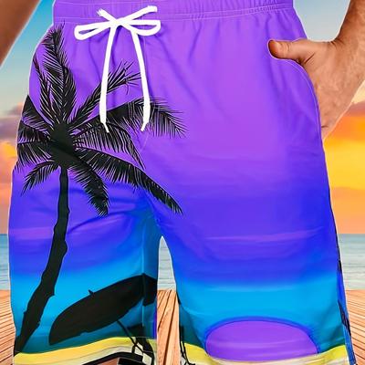 TEMU Quick Drying Comfortable Breathable Gradient Palm Tree At Dawn Seaside Drawstring Swim Trunks, Men's Board Shorts Swimwear For Summer Vacation Resort Beach Pool