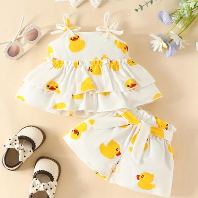 3pcs Baby Girls Cute Duck Pattern Camisole Top & Shorts & Headband Set Clothes