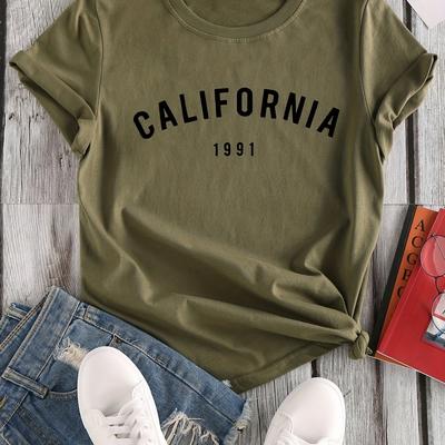 TEMU California Letter Print T-shirt, Crew Neck Short Sleeve T-shirt, Casual Tops, Women's Clothing