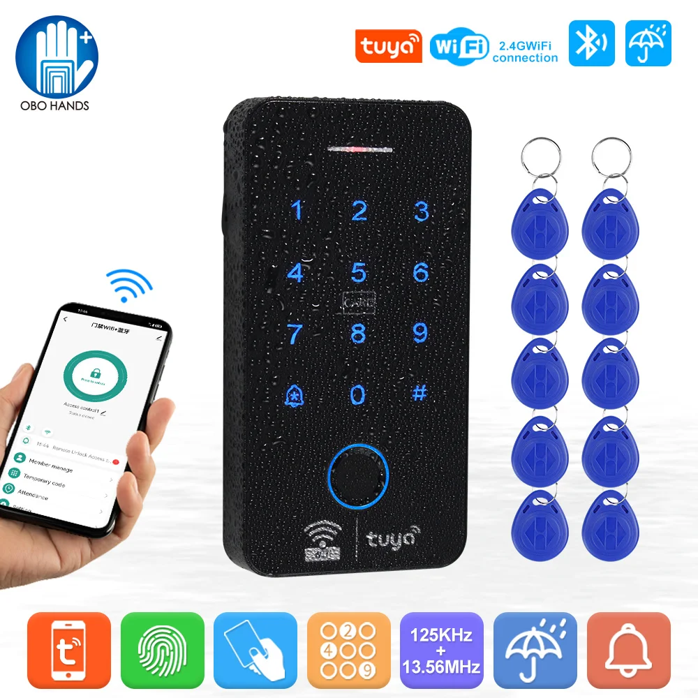 Contrôleur d'accès par empreinte digitale WiFi Tuya, système de clavier RFID autonome étanche pour l'extérieur, 125KHz, 13.56MHz, déverrouillage par application intelligente WG26