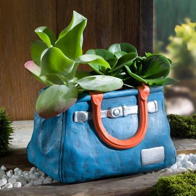 Blumentopf 'Handtasche' aus Polyresin, blau, Pflanztopf in Taschenform, Pflanzgefäß, Gartendeko für