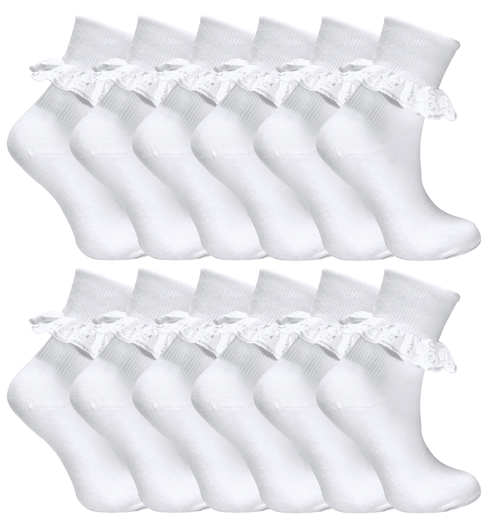 12 Paar Multipack White Frilly Lace Socken | 7 Größen | Sock Snob | Girls Cute Cotton Rich School Socken - Weiß Image