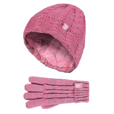 Wärmehalter - Kinder Mädchen niedlich Kabel gestrickt warm Fleece gefüttert Pompom Wintermütze und Handschuhe Set mit Bommel - CS4P14 Image