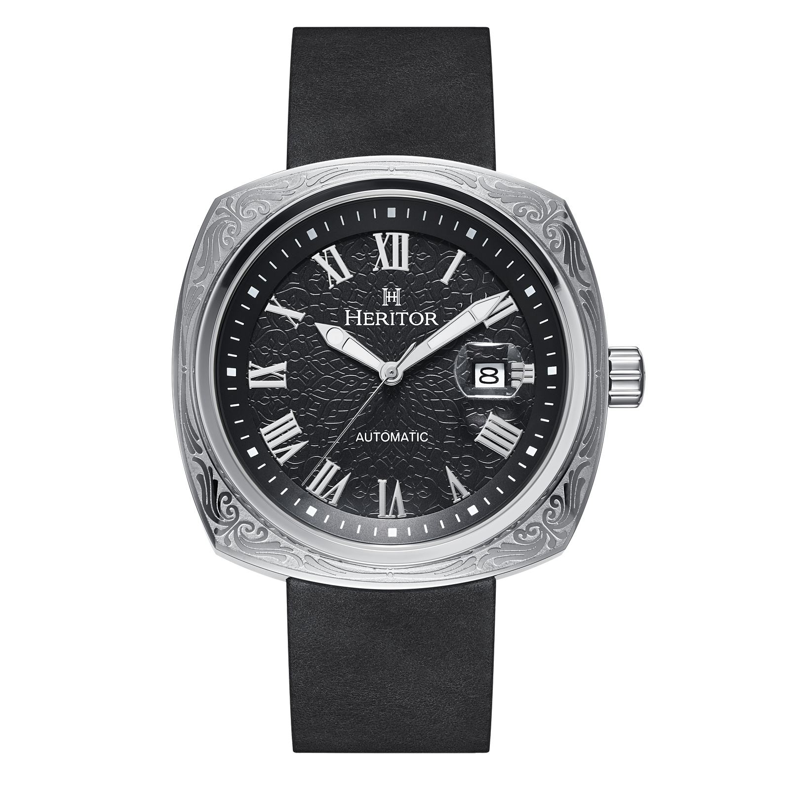 Montre automatique Heritor Davenport avec boîtier gravé et bracelet en cuir avec date Image