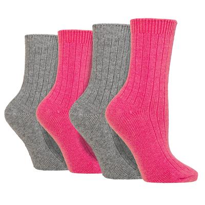 4er-Pack Damen Kaschmir-Stiefelsocken | Wildfeet | Gerippte Crew Wollbettsocken - Rosa/Grau Image