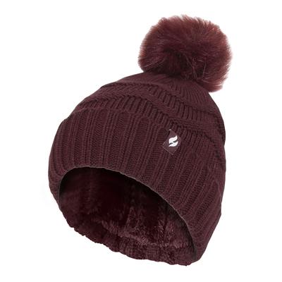 Damen Winter Pelz Beanie Mütze | Wärmehalter | Zickzack gemusterte Pom Pom Hut | Womens Thermal Cuff Bobble Hat - Wein Image
