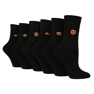 6 Pack Damen Schwarz Neuheit Socken | Wildfeet | Cute bestickte Socken in Baumwolle - Gebäck Image