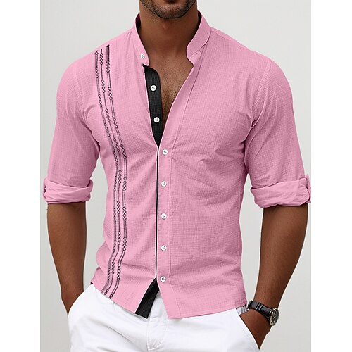 Herren Hemd leinenhemd Guayabera Hemd Hemd mit Stehkragen Sommerhemd Strandbekleidung Casual Täglich Schwarz Weiß Rosa Blau Langarm Stehkragen Frühling Sommer Bekleidung Bestickt Image