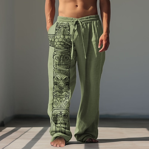 Herren Stammes Bandana-Print Leinenhosen Hosen Hose Baggy-Hosen Mittlere Taille Vintage Outdoor Alltagskleidung Streetwear Herbst Winter Grün Khaki Grau Image