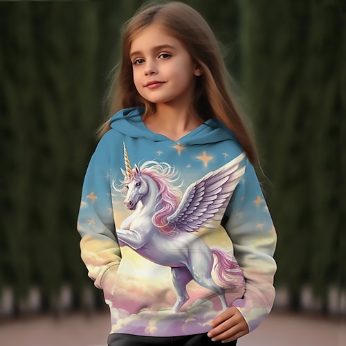 Mädchen 3D Karikatur Einhorn Kapuzenshirt Pullover Langarm 3D-Druck Herbst Winter Aktiv Modisch Kuschelig kinderkleidung 3-12 Jahre Outdoor Casual Täglich Regular Fit Image