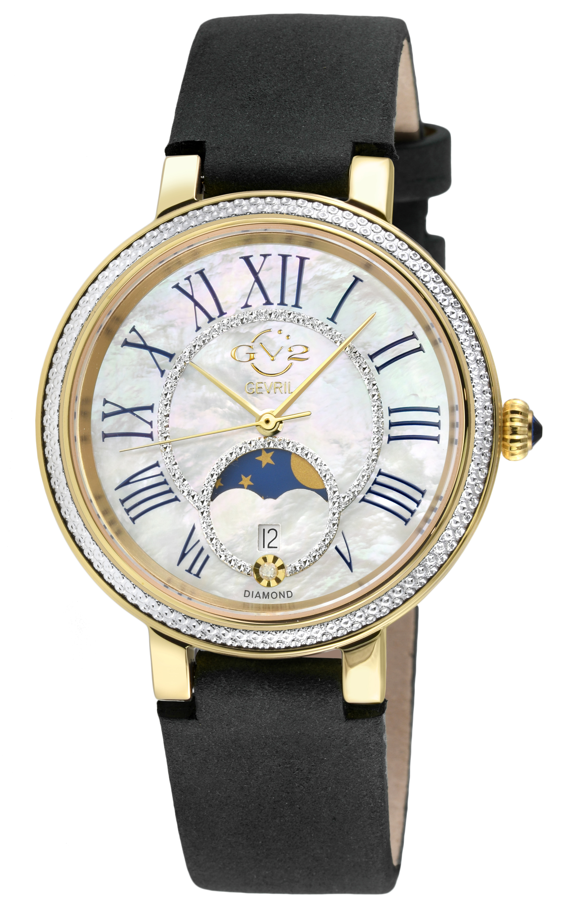 Gv2 Womens Genoa SS Ipyg Case, White Mop Dial, Authentic Handmade Black Nero Suede Leather Strap - One Size | Gv2 Sale | Discount Designer Brands