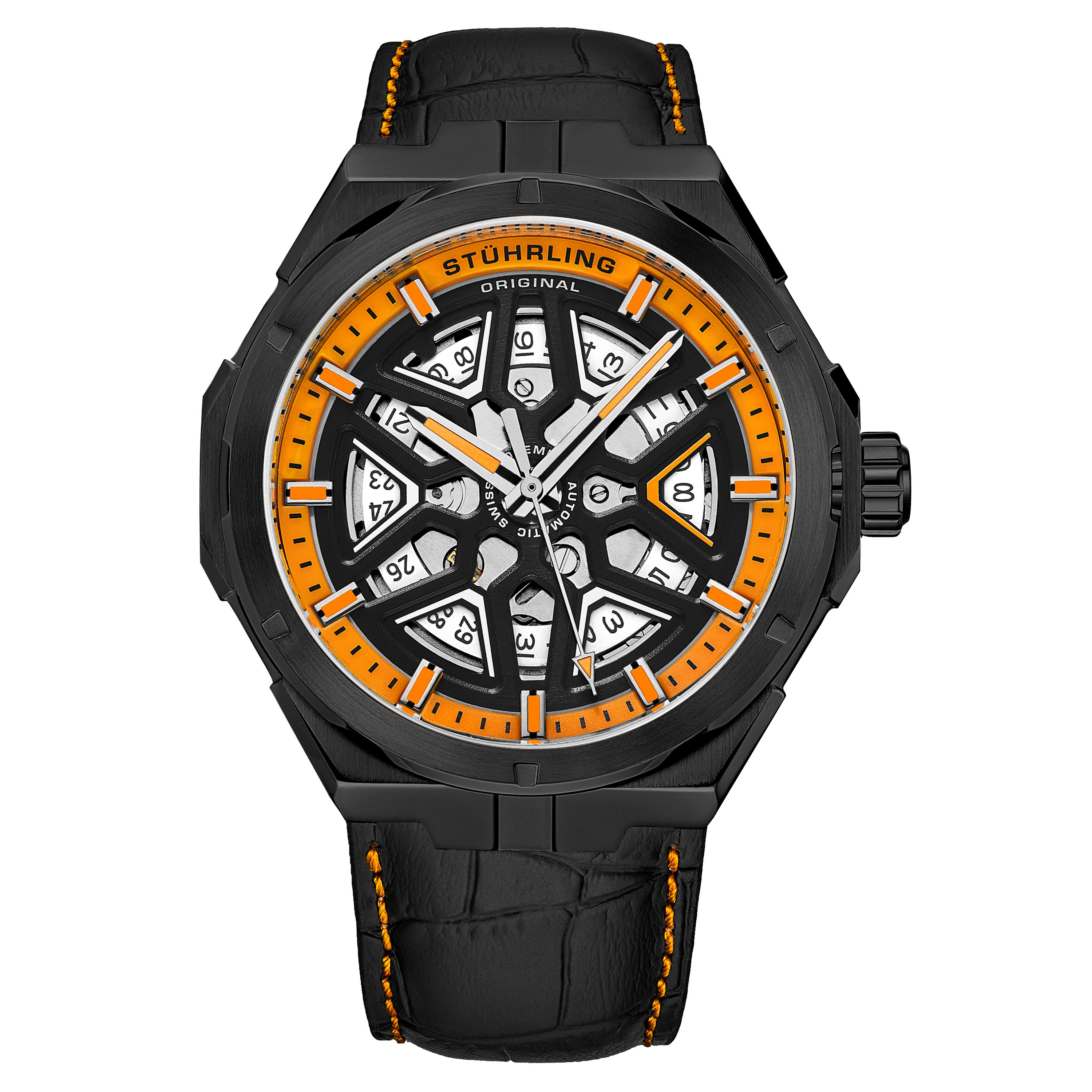 Stührling Mens Black and Orange Gio Swiss Automatic 44mm Skeleton - One Size | Stührling Sale | Discount Designer Brands