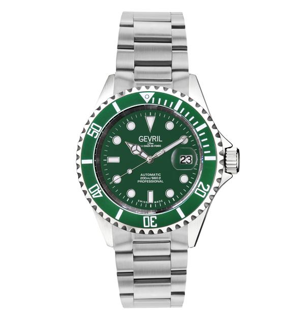 Gevril Mens Wall Street Green Emerald Dial, Ceramic Bezel Stainless Steel Bracelet - Silver - One Size | Gevril Sale | Discount Designer Brands