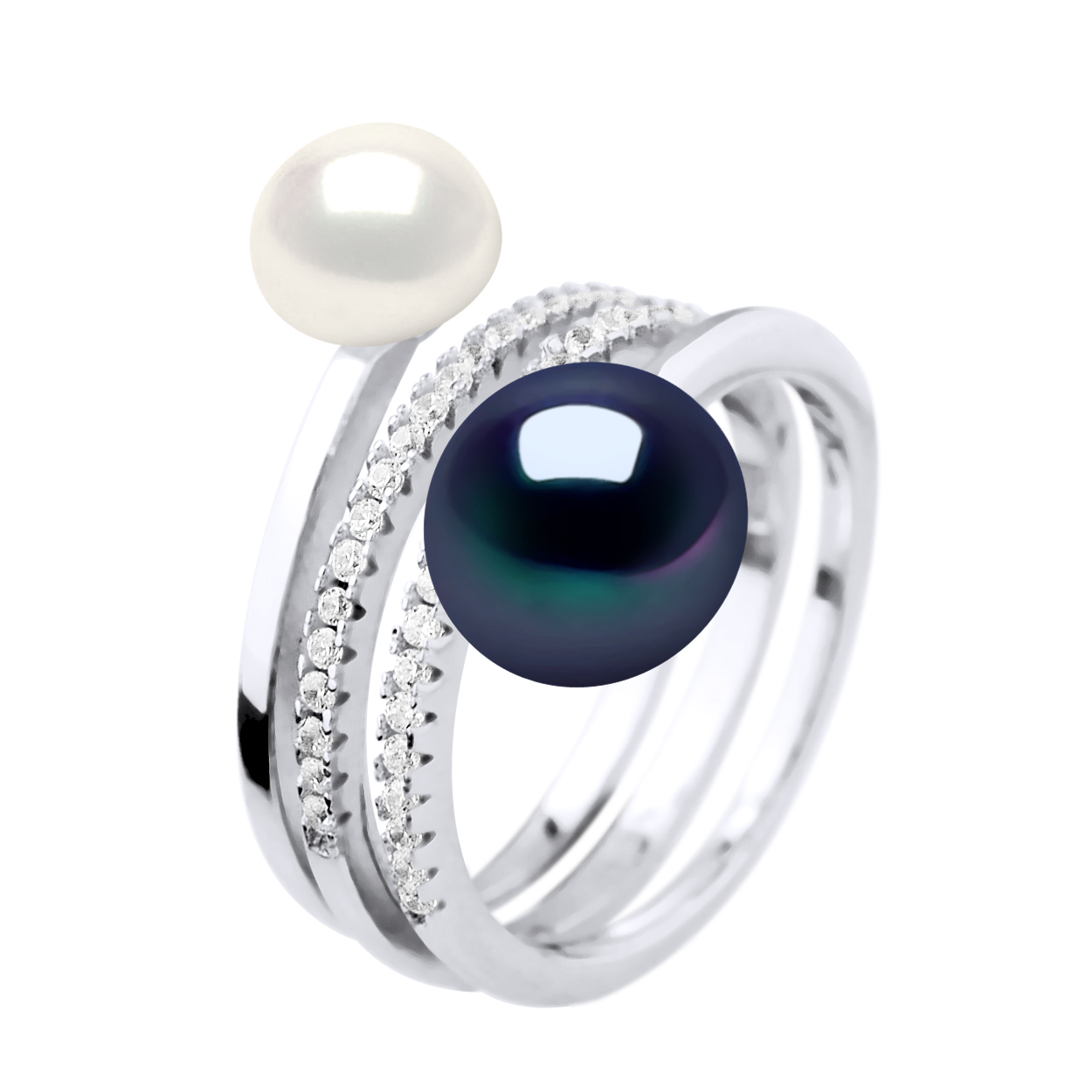 Diadema Womens Ring DUO Freshwater Pearls 7 and 9 mm Black and White Jewelry 925 Silver - One Size | Diadema Sale | Discount Designer Brands