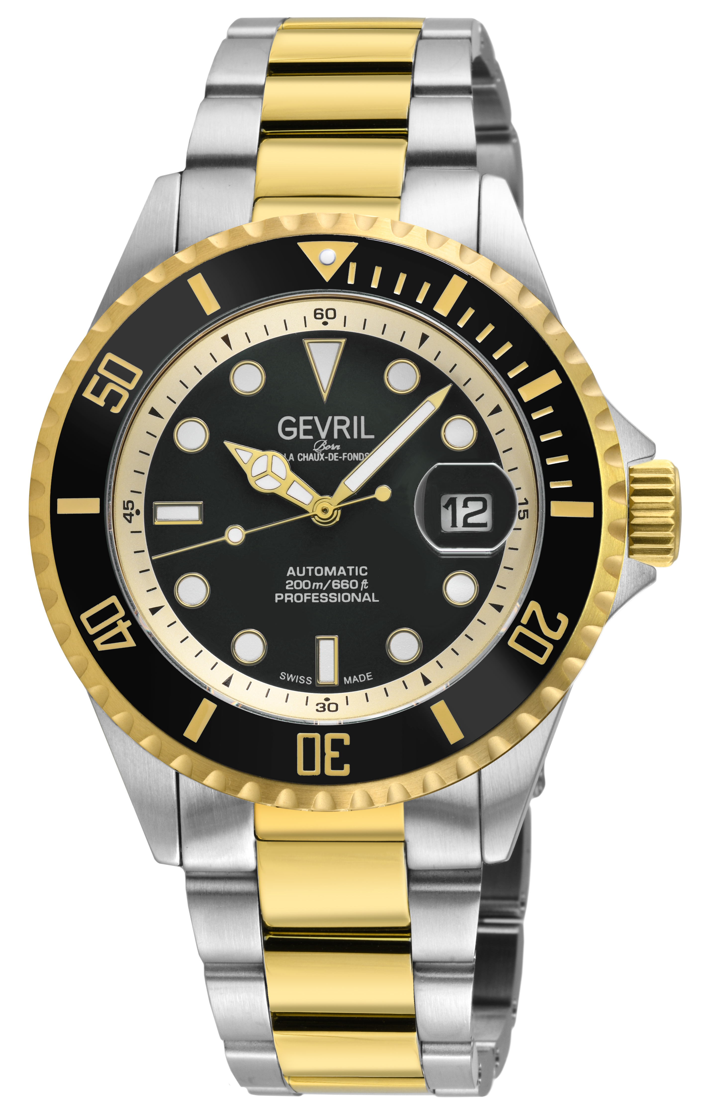 Gevril Mens Wall Street Swiss Automatic Sellita SW200 Black Enamel Dial, Ss/ipyg Satin and Polished Bracelet Watch - Silver & Gold - One Size