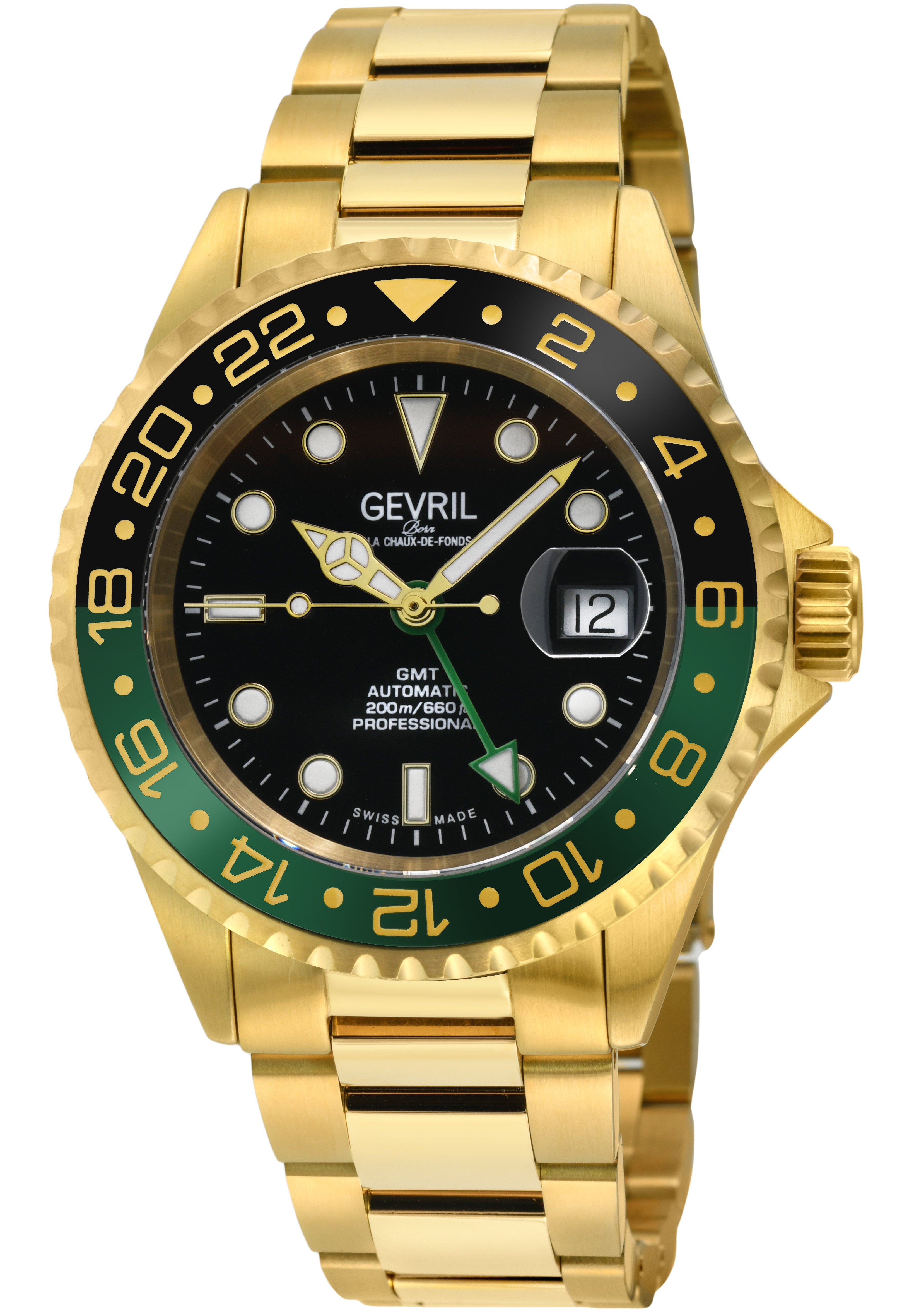 Gevril Mens Wall Street Gmt Swiss Automatic Sellita SW330 Black Dial Ceramic Bezel, 316L Stainless Steel Ipyg Bracelet - Gold - One Size