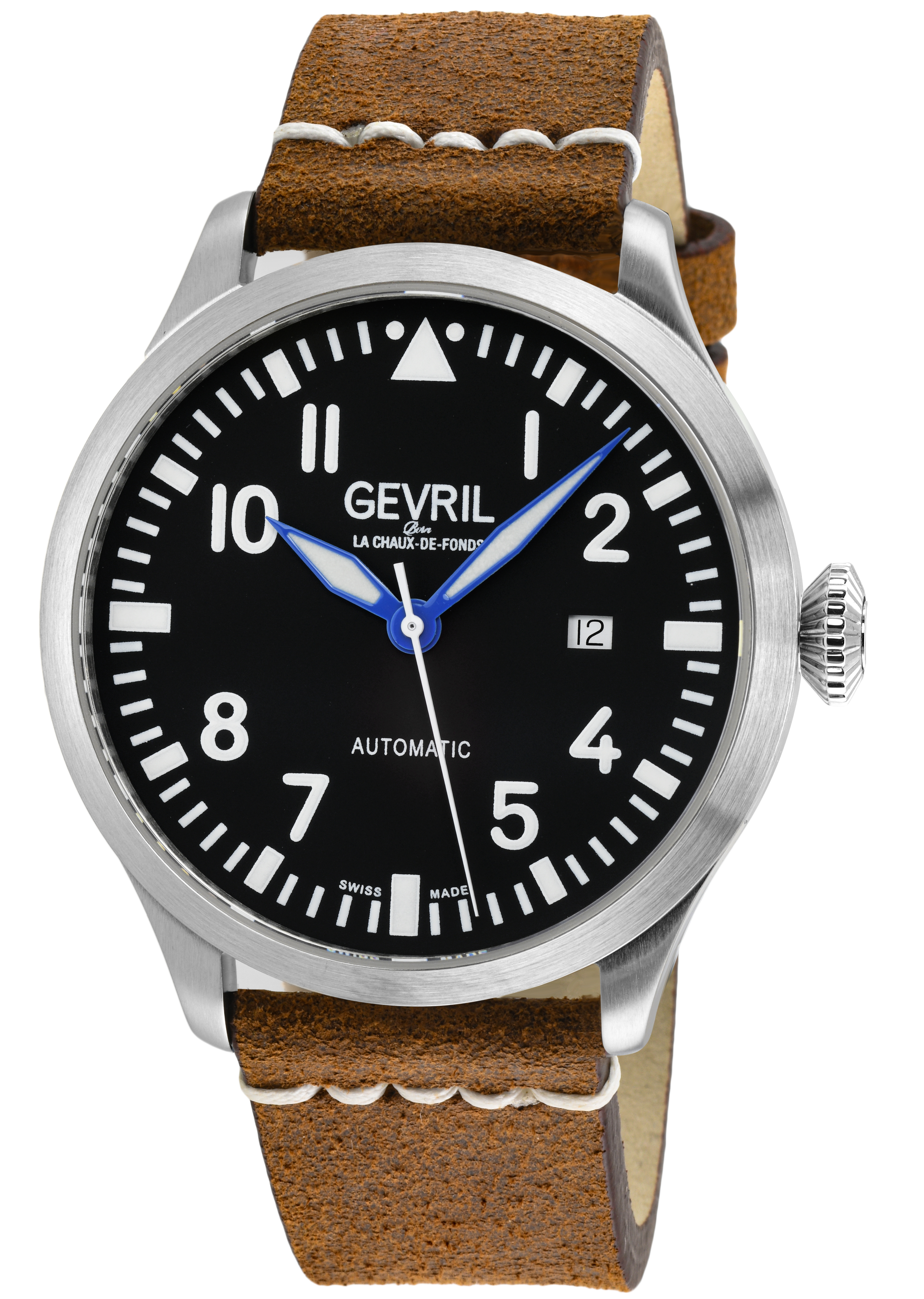 Gevril Mens Vaughn Swiss Automatic Selitta SW200 Black/white Dial, Genuine Leather Watch - Brown - One Size | Gevril Sale | Discount Designer Brands