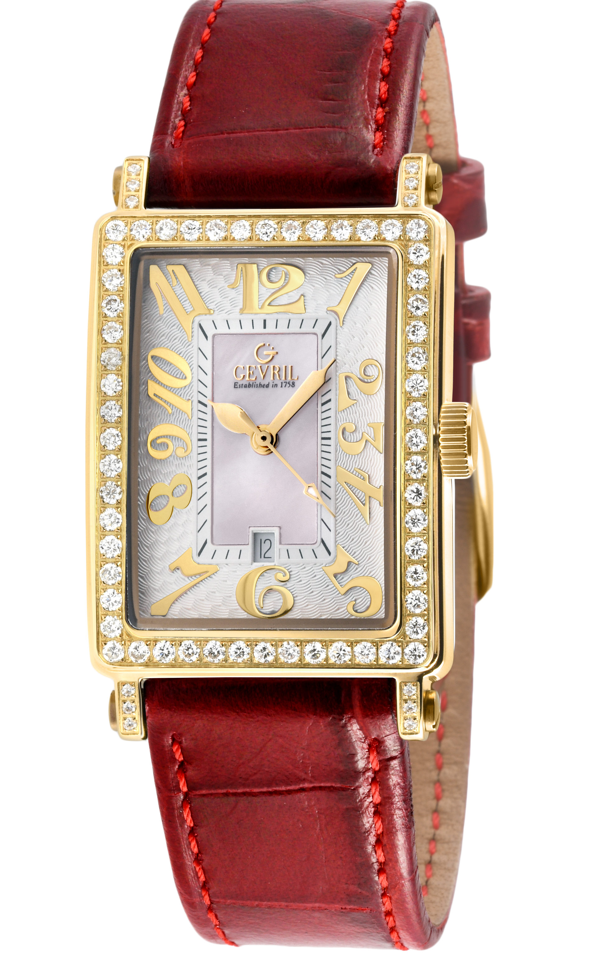 Gevril Womens Ave of Americas Mini Women’s Ipyg Stainless Steel Diamond Case,white Mop Dial Watch - Red - One Size