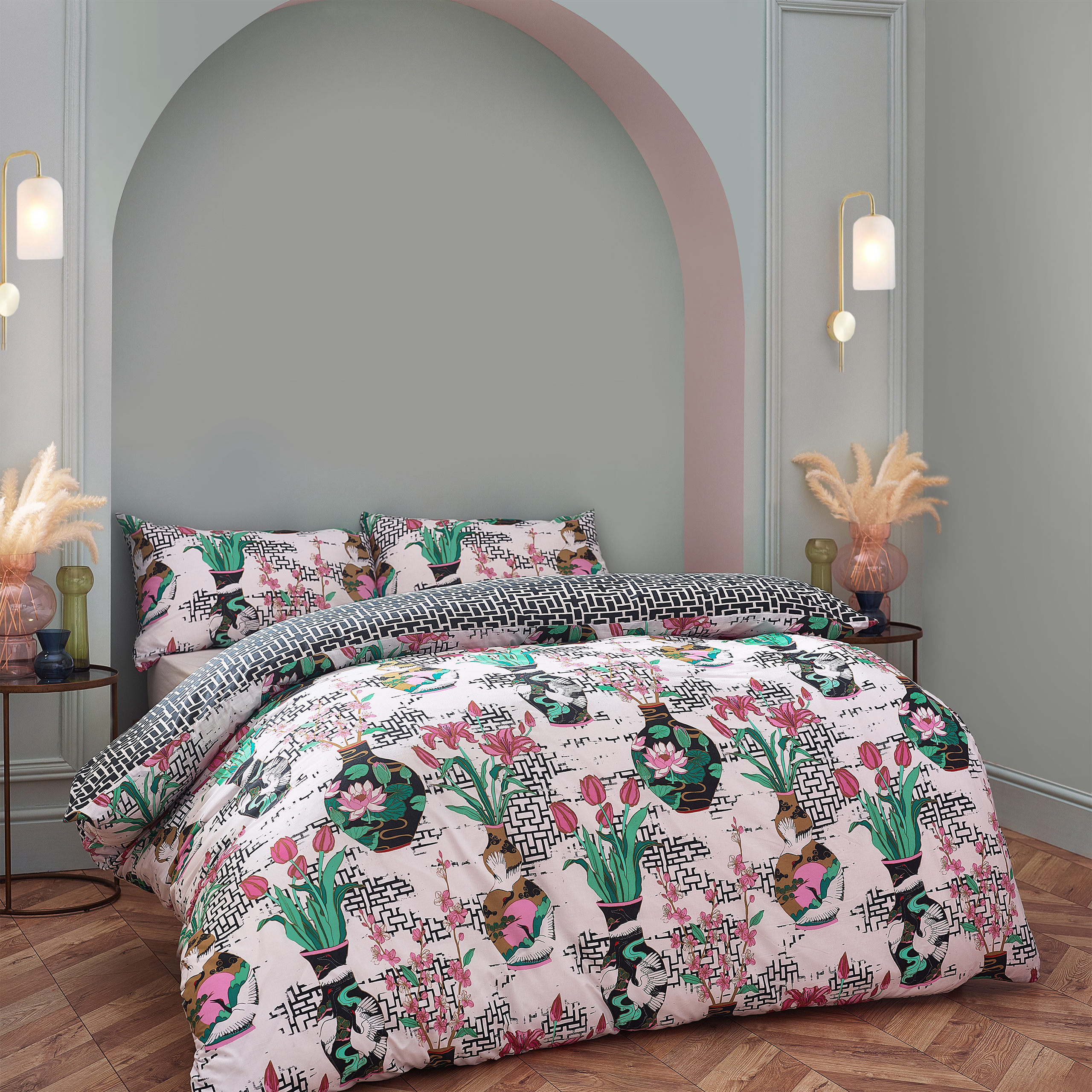 furn. Ishiko Floral Reversible Duvet Cover Set - White Cotton - Size Double | furn. Sale | Discount Designer Brands