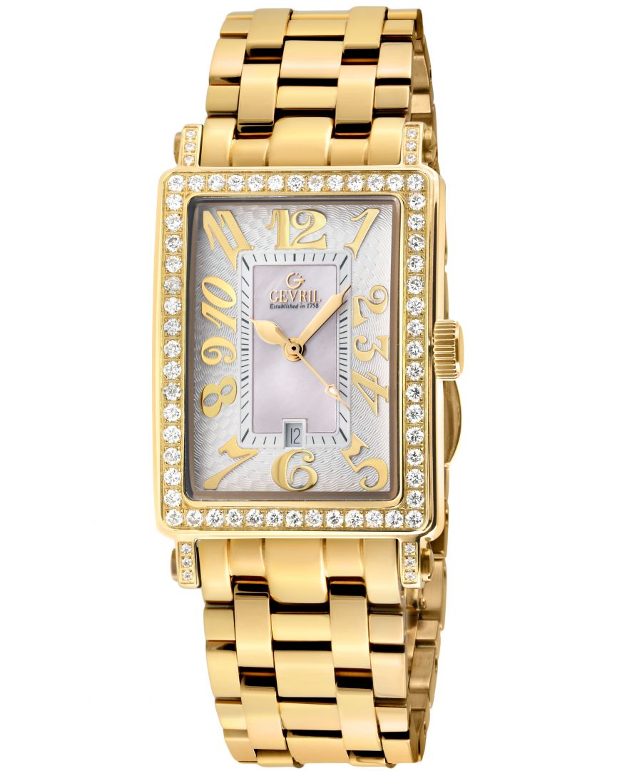 Gevril Ave of Americas Mini Womens Swiss Quartz Ipyg Stainless Steel Diamond Case, White Mop Dial Watch - Gold - One Size