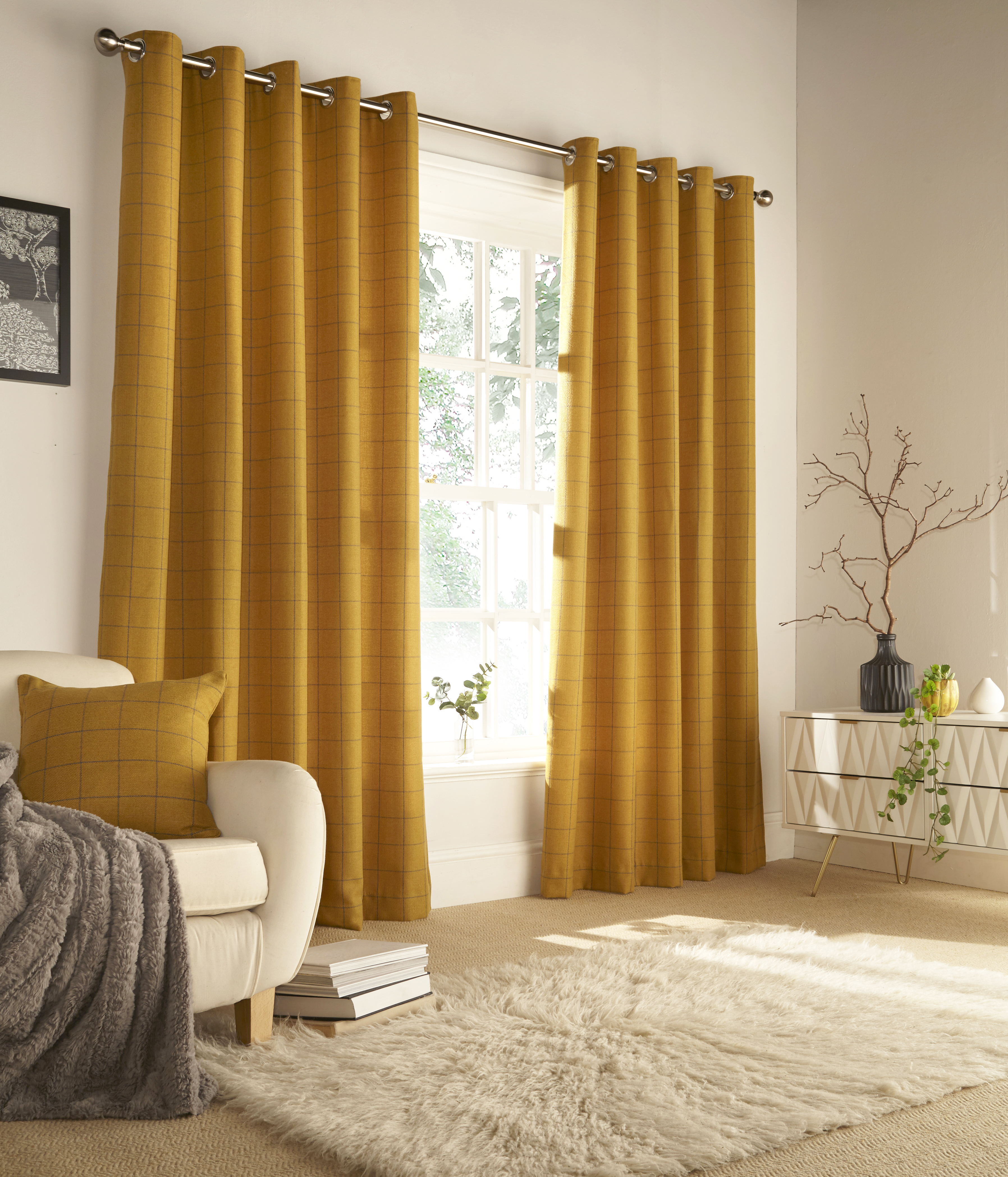 furn. Ellis Windowpane Check Eyelet Curtains in Ochre - Orange - Size 168 cm x 183 cm | furn. Sale | Discount Designer Brands