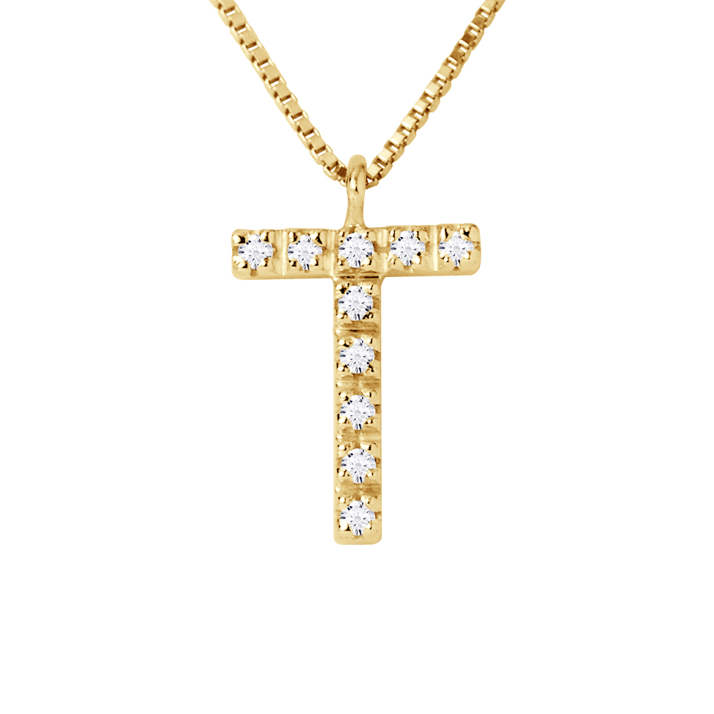 Diadema Womens - Necklace With Diamonds - T - Yellow Gold - White - One Size | Diadema Sale | Discount Designer Brands